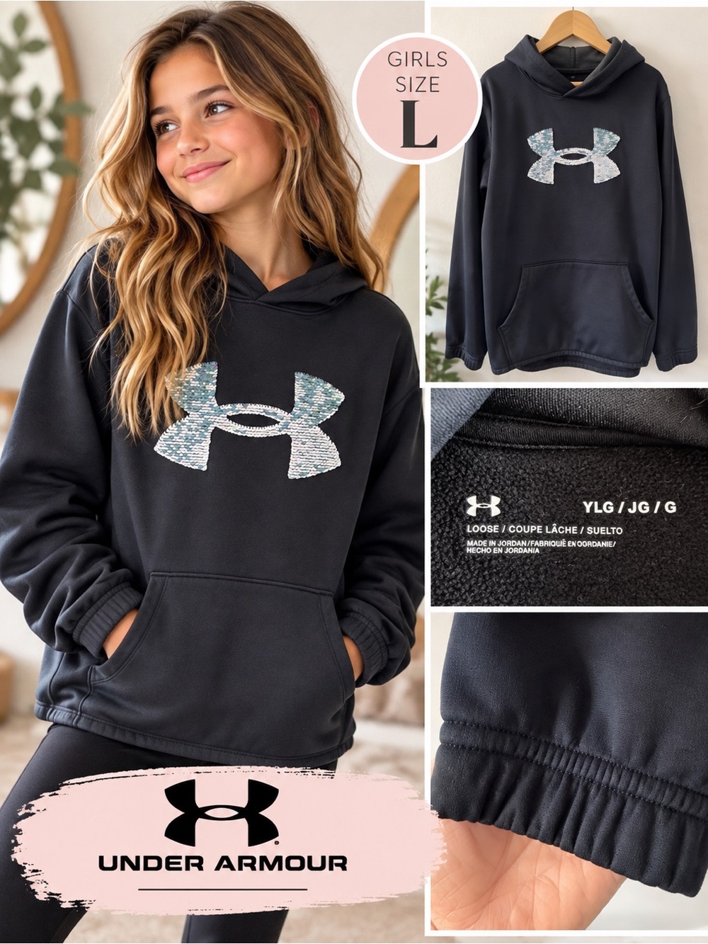 Under Armour Girls Armour Fleece Sequin Logo Pullover Hoodie